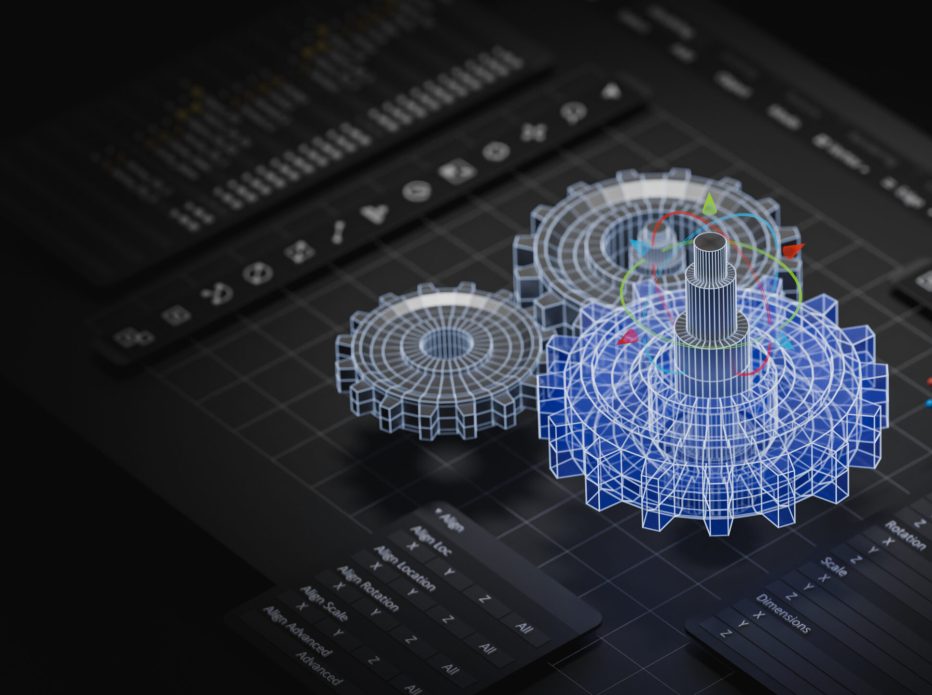 Engineering designer design 3D CAD software program Industrial engine model mechanical dimensional digital manufacturing factory engineer computer screen. 3d rendering.